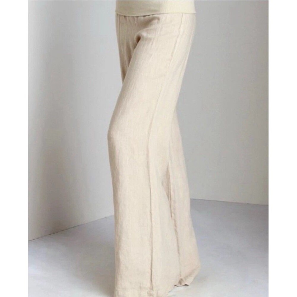 Bella Dahl Stretch Fold Over Waist Wide Leg Pants Beige 100% Linen Women’s Sz S